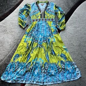 Anthropologie Bhanuni Chartreuse Beaded V Neck Boho MIDI Dress